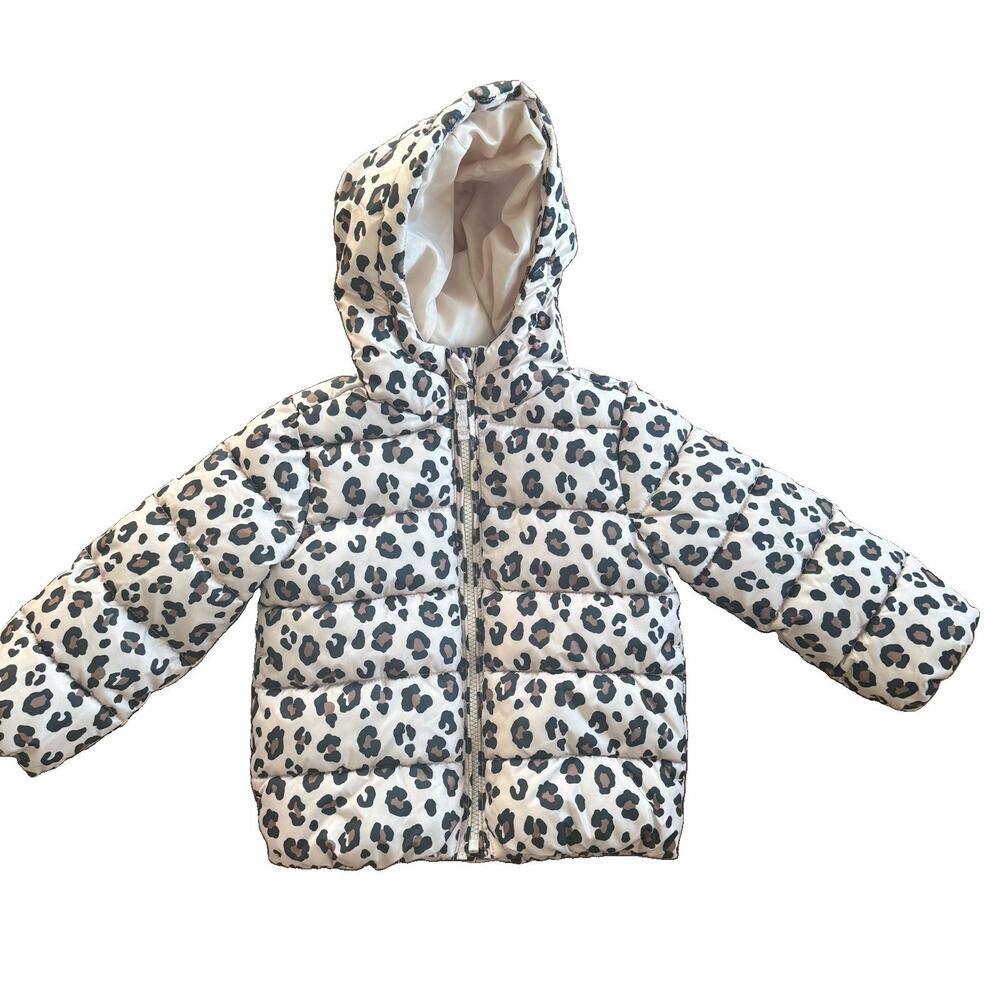 The Children's Place 3T Hooded Lined Full Zip Leopard Puffer Jacket Beige/Black